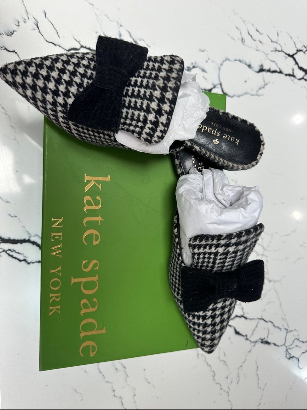 kate spade Black & White Houndstooth Bow Pointed Mules